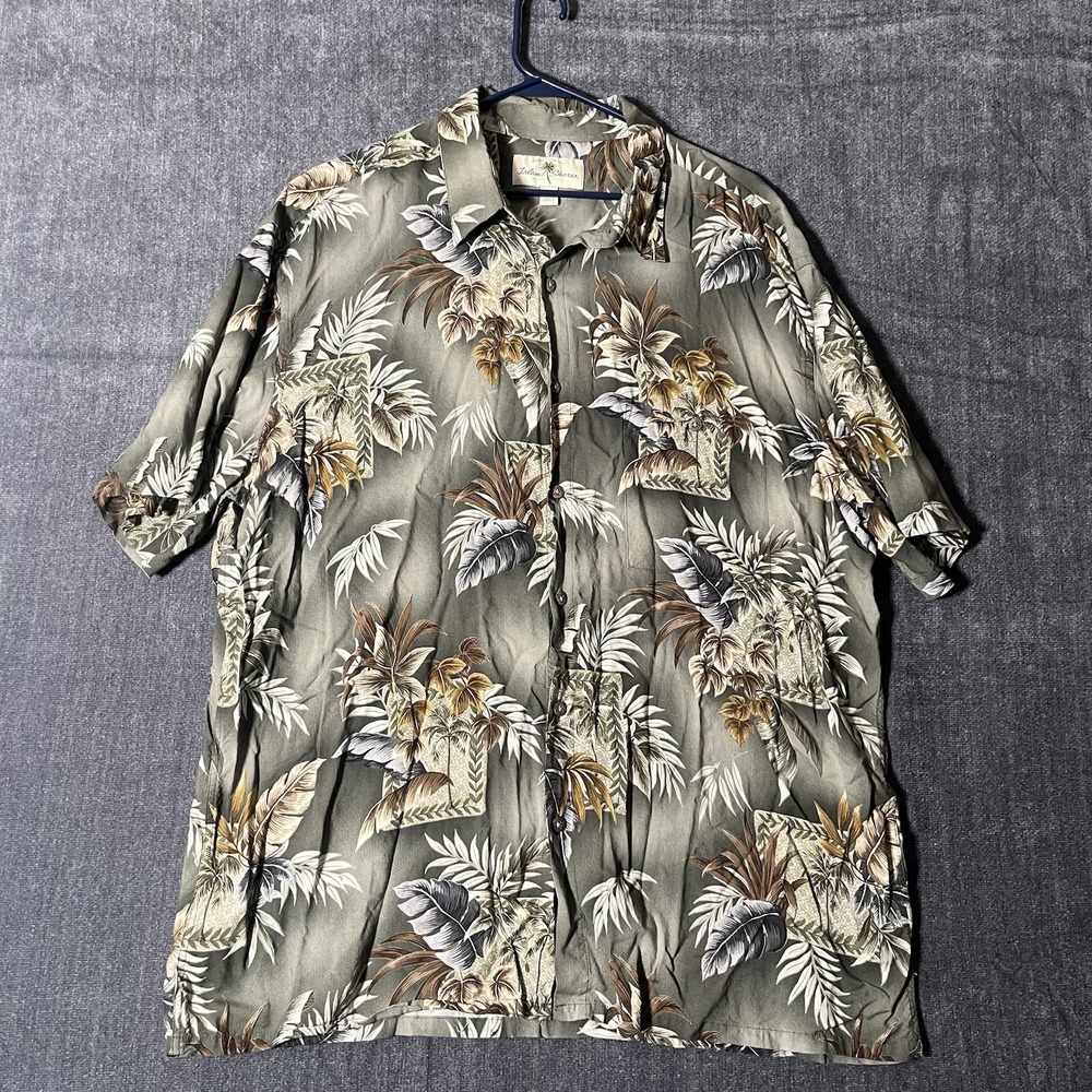 Island Shores Hawaiian Shirt Mens XL Green Tropical Palm Tree Rayon Beach Camp
